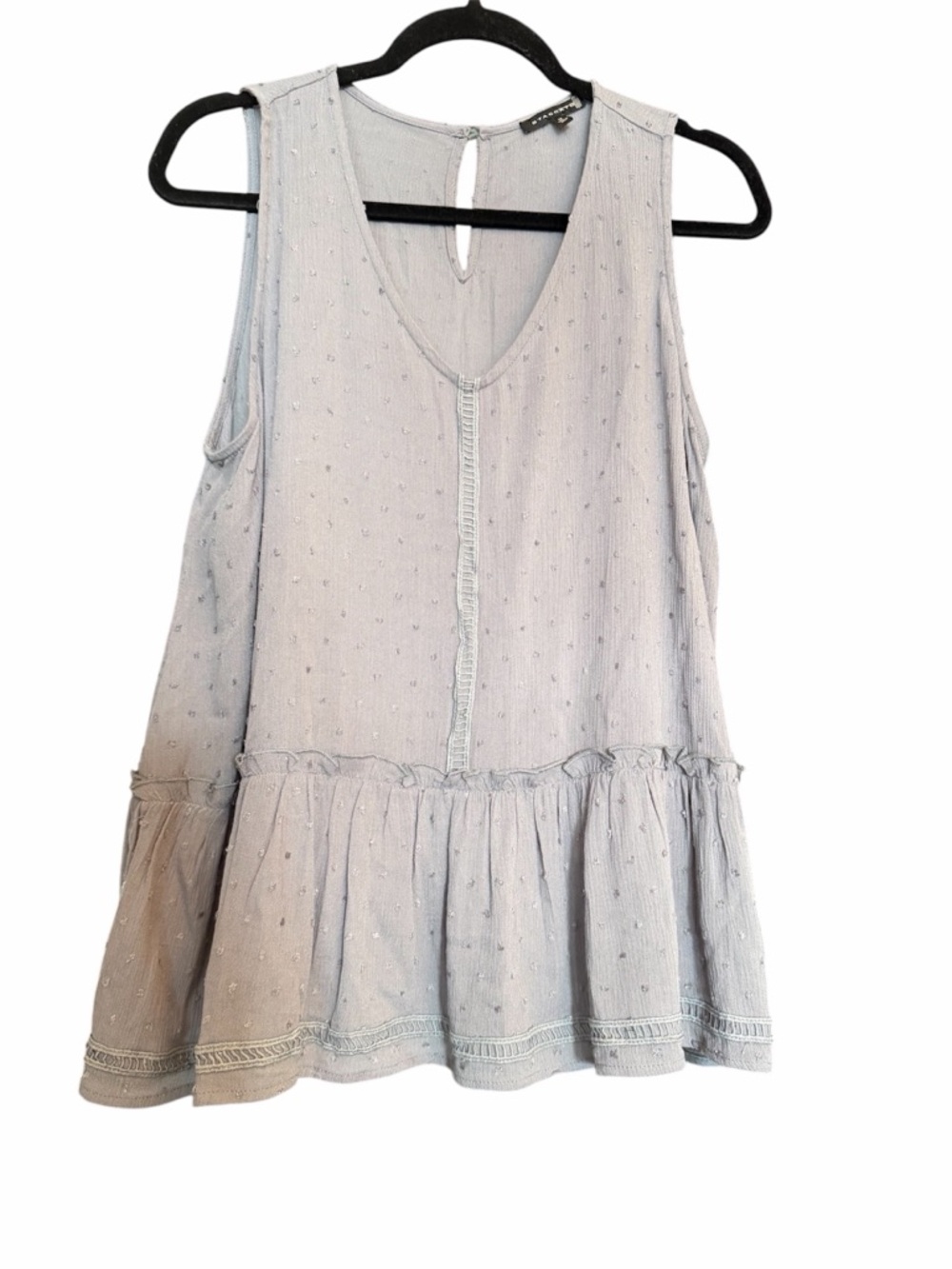 Staccato Sleeveless V Neck Gray Peplum Swiss Dot Top